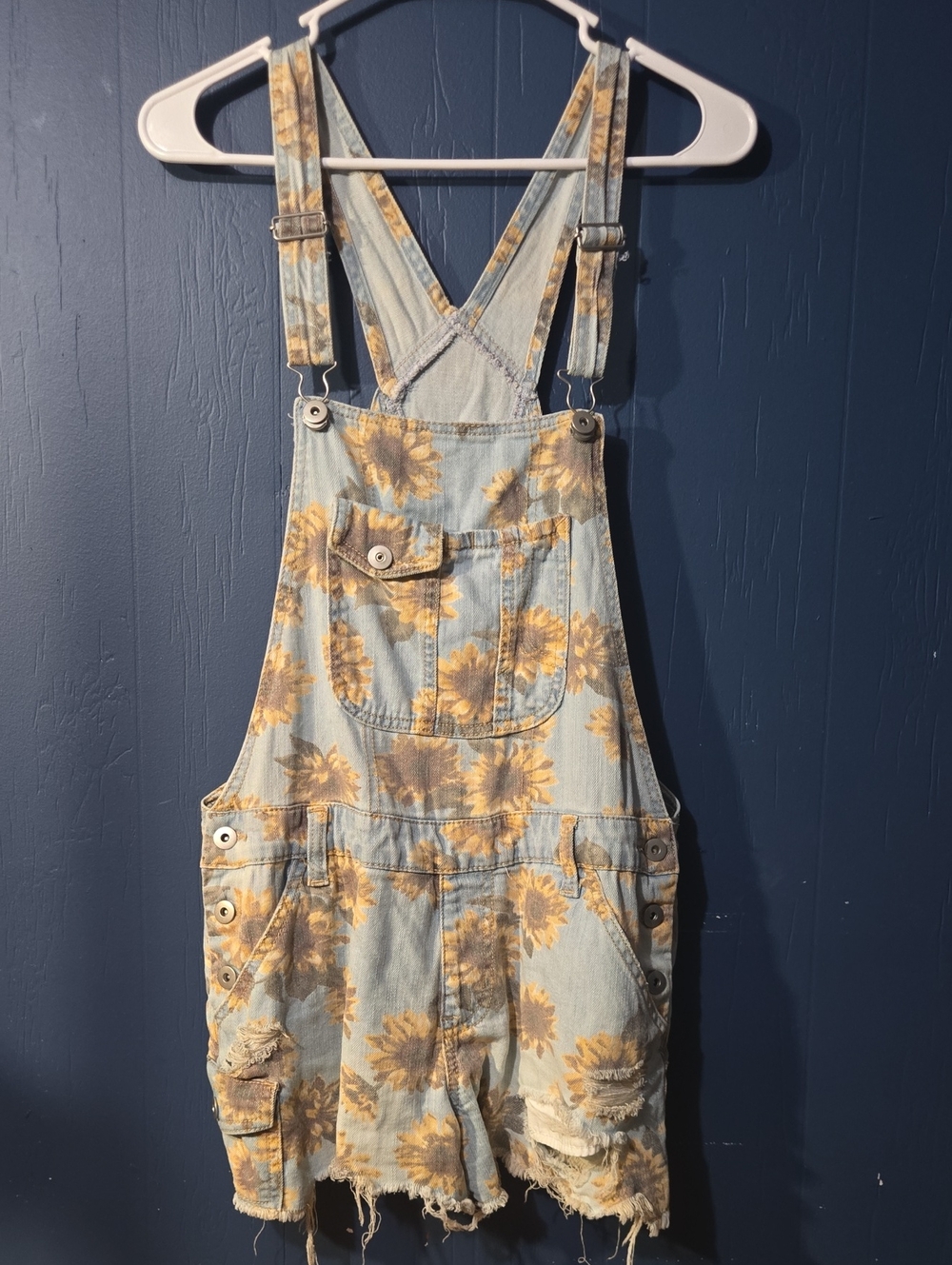 No Boundaries Sunflower Print Denim Short Overalls in Light Blue and Yellow